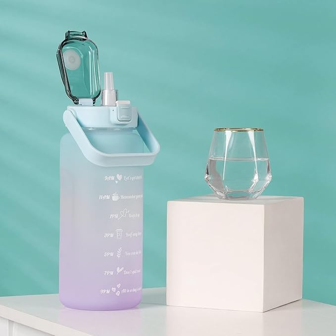 Large Motivational Water Bottle with Straw Time Marker BPA Free for Sport and Fitness (64 Oz/Half Gallon) (cyan-blue-purple)