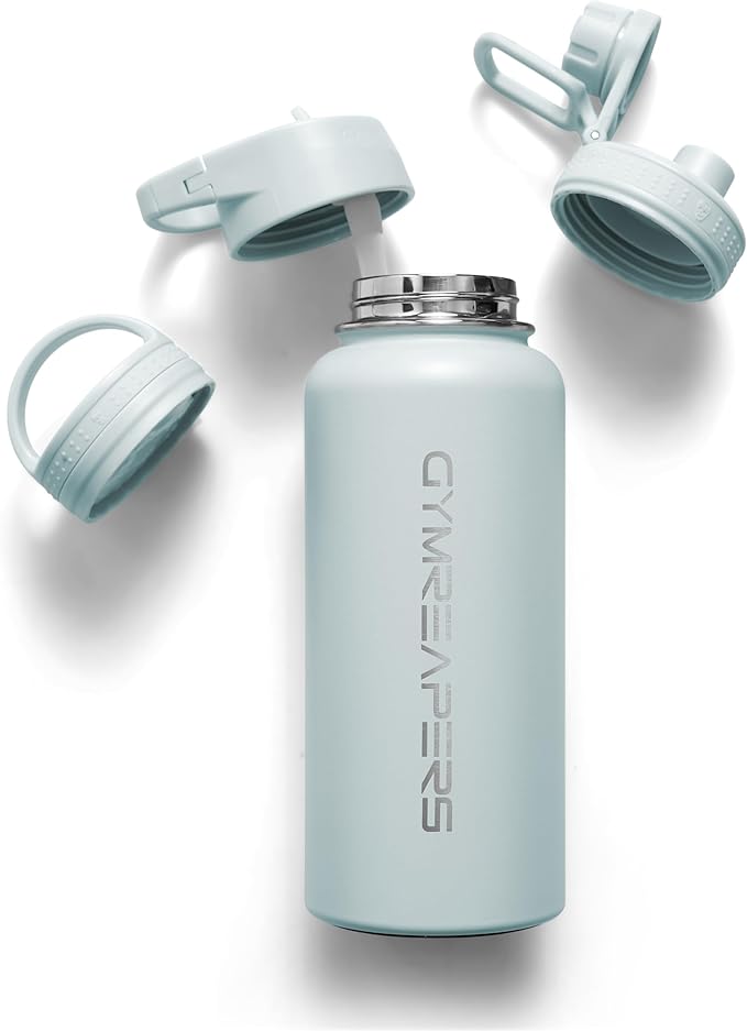 Gymreapers Insulated Water Bottle - Stainless Steel 32 Oz, 3 lids (Straw, Chug, Canteen), Double Walled Vacuum Insulation, Thermo Mug Cold Hot - Durable Powder Coated Finish