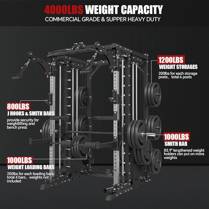 FAGUS Commercial Smithe Machine with Dual Weight Stacks, Power Cage Squat Rack with Lever Arm & Leg Press Attachment, Multi-Function Linear Bearing Cable Crossover Machine for Home Gym