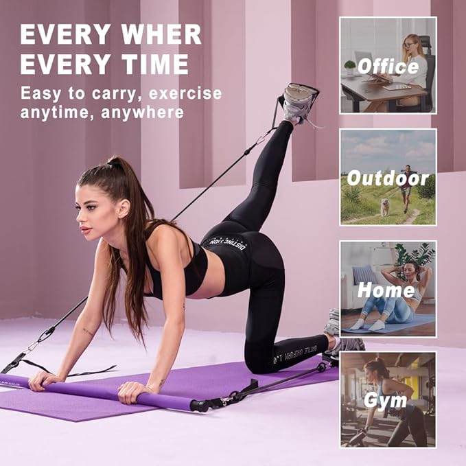 Pilates bar kit Multiple Fitness bar with Resistance Bands, Ab Rollers.Core Strength Training Equipment. Squat Machine for Men and Women.Portable Home Gym Pilates bar kit for Full Body Training Women