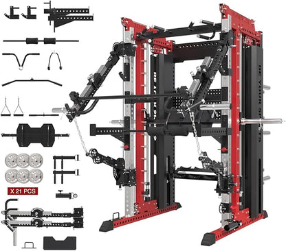 FAGUS Commercial Smithe Machine with Dual Weight Stacks, Power Cage Squat Rack with Lever Arm & Leg Press Attachment, Multi-Function Linear Bearing Cable Crossover Machine for Home Gym