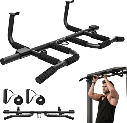 HANZO Doorway Pull Up Bar – Upgraded Heavy Duty Multi-Grip Chin Up Bar for Home Gym – No Screws, Strength Training Workout Bar, Door Gym Pullup Bar