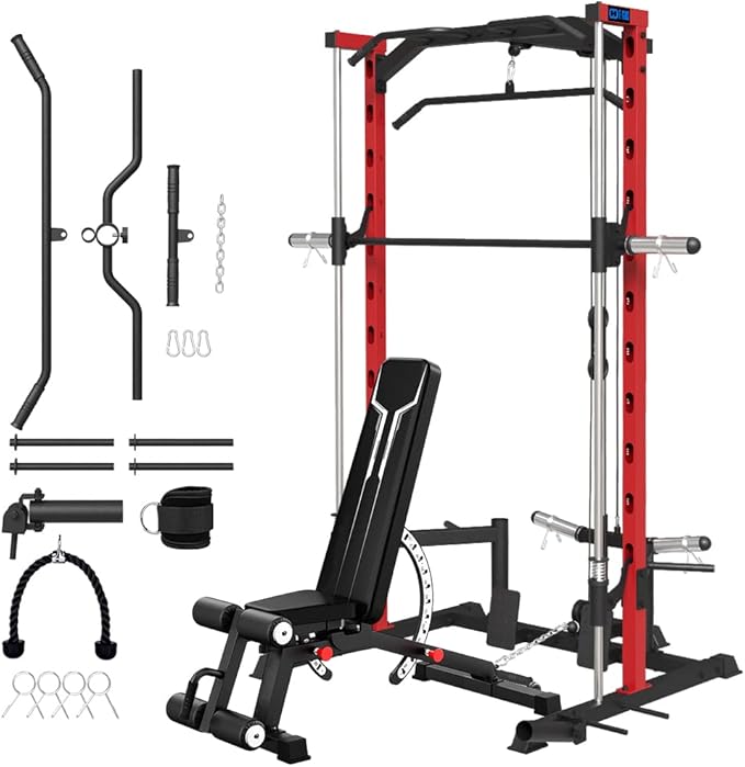 FAGUS Smith Machine Home Gym Power Cage with Pulley System, Space Saving Design Squat Rack with Full Body Strength Training Attachments, PEC Station & Fixed Cable Crossover Optional