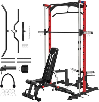FAGUS Smith Machine Home Gym Power Cage with Pulley System, Space Saving Design Squat Rack with Full Body Strength Training Attachments, PEC Station & Fixed Cable Crossover Optional