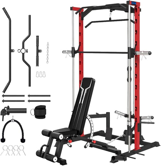 FAGUS Smith Machine Home Gym Power Cage with Pulley System, Space Saving Design Squat Rack with Full Body Strength Training Attachments, PEC Station & Fixed Cable Crossover Optional