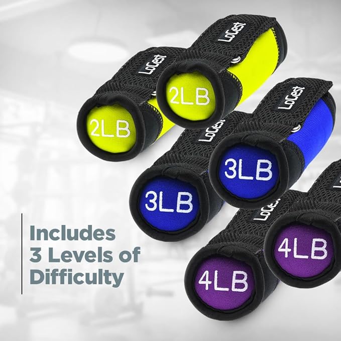 Logest Soft Hand Weights - Adjustable Neoprene Dumbbells (1LB, 2LB, 3LB, 4LB) - Red, Yellow, Blue, Purple - Velcro Straps - Weight Training, Walking, Jogging, Aerobics, Yoga