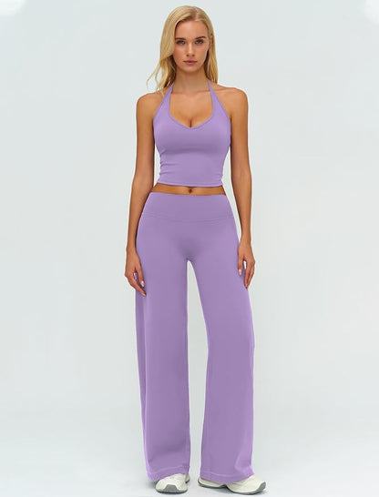 Womens Workout Sets Two Piece Spaghetti Straps Crop Top Matching Straight Leg Pants Gym Work Pilates Outfits