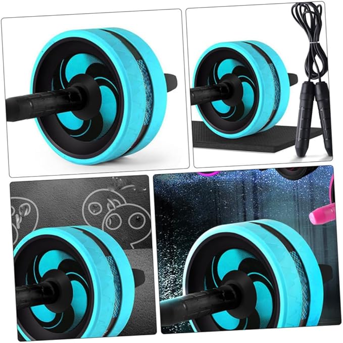 Mute Ab Roller with Non-slip Handles Knee Pad and Jump Rope for Women Core Strength Trainer for Home Gym Portable Fitness Wheel for Beginners and Advanced Users Blue and Black