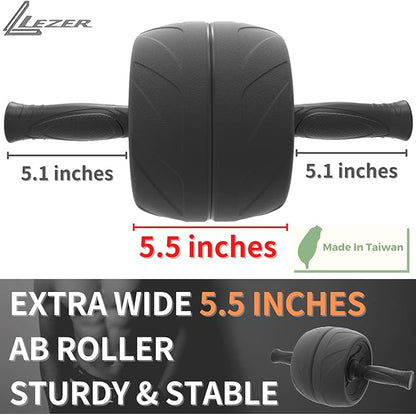 LEZER Ab Roller Wheel, Abdominal Workout, Extra Wide 5.5", Exercise Wheel, Home Gym Fitness Equipment, Core Strength, Muscle, Thick Knee Pad, Made In Taiwan Black