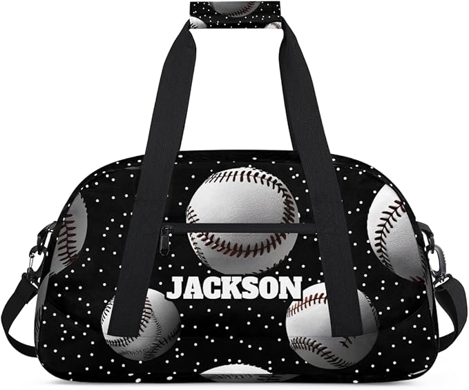 Personalized Baseball Gym Duffel Bags for Kids Boys with Custom Name Sport Training Travel Bags for Overnight Weekender, Black White