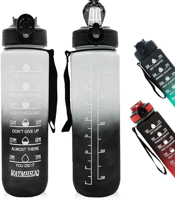 32oz Sports Water Bottle Outdoor, with Drinking Time and Capacity Labels, Sport Water Cups with Straw,BPA Free Leak Proof,for Fitness Gym Running Climbing(Grey black)