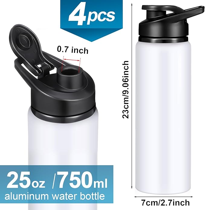 CHENGU 4 Pcs Aluminum Water Bottle 25oz Aluminum Reusable Bottles Lightweight Snap Lid Sports Water Multipack Easy Carry Leak Proof Travel for Gym Camping Hiking Outdoor Fishing (White)
