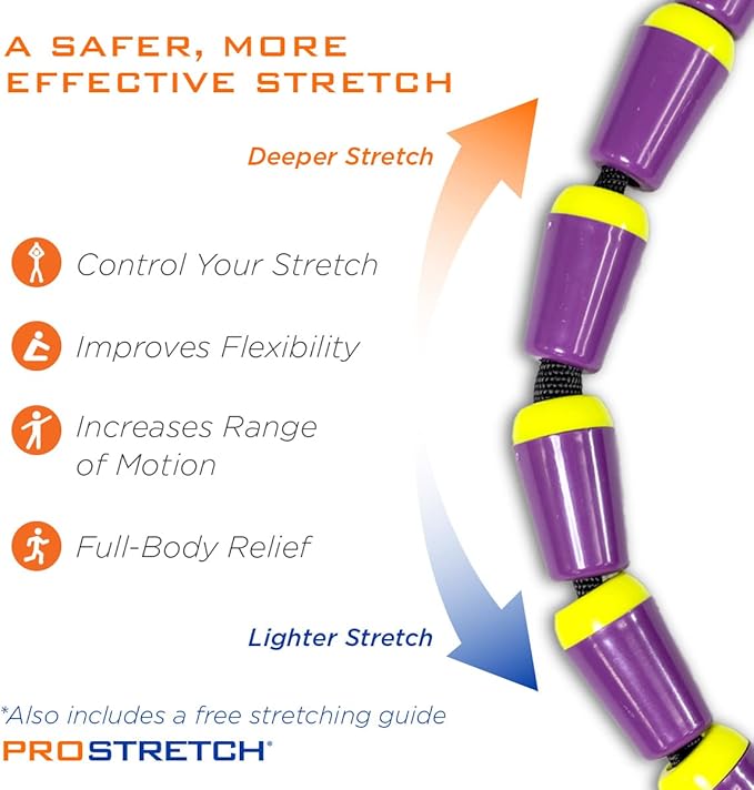StretchRite Physical Therapy Full Body Stretching Strap with Patented Easy Grip Handles for Sore and Tight Muscles, Includes Coaching Guide (Purple/Yellow)