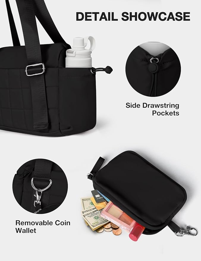 VUUDH Mini Gym Bag for Women Puffy Bag, Small Gym Bag with Coin Wallet, Lightweight Gym Tote Bag for Fitness, Work, Travel, Daily Commute,Black