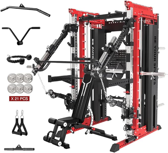 FAGUS Commercial Smithe Machine with Dual Weight Stacks, Power Cage Squat Rack with Lever Arm & Leg Press Attachment, Multi-Function Linear Bearing Cable Crossover Machine for Home Gym