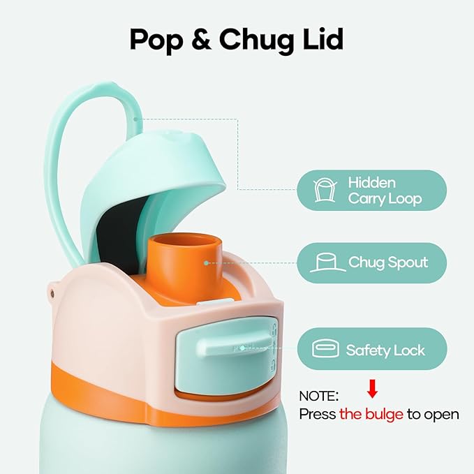 BUZIO Stainless Steel Insulated Water Bottle, 32oz Reusable Travel with Chug Locking Lid & Carry Loop, BPA-Free, Wide Mouth, Best Gift for Man Woman, Keep Cold 48H, Mint Green