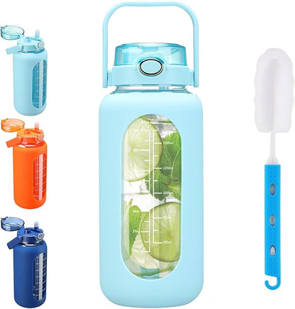 SIEROZUR 64 oz Glass Water Bottle with Straw and Handle Lid Half Gallon Motivational Glass Bottle with Silicone Sleeve and Time Marker Large Reusable Sports Water Jug for Gym Home Workout
