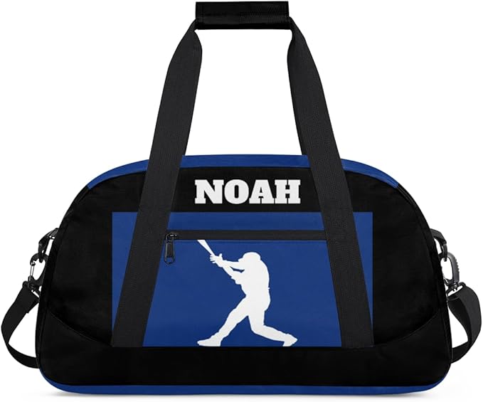 Personalized Sports Training Bag for Boys, Custom Name Baseball Carry On Weekender Gymnastics Gym Bag for Men Travel Business Trip, Playing Baseball Silhouette Blue and Black Background