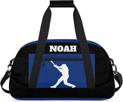 Personalized Sports Training Bag for Boys, Custom Name Baseball Carry On Weekender Gymnastics Gym Bag for Men Travel Business Trip, Playing Baseball Silhouette Blue and Black Background