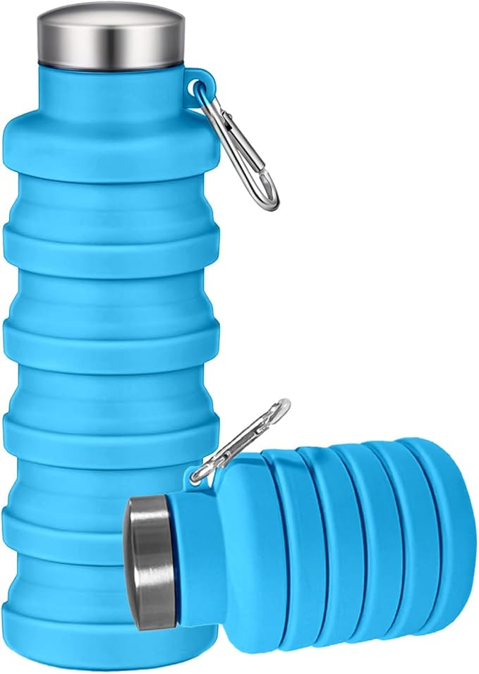 Collapsible Water Bottles,16oz Capacity Portable Reusable Silicone Water Bottle,Leak-proof,with buckle,foldable storage,Lightweight Durable for Fitness,Cycling,Sports,Camping,Hiking (Blue)