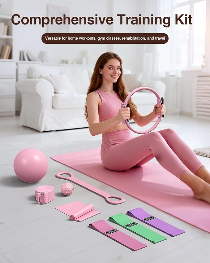 Pilates kit for Women Home Workout, Pilates Equipment Ring and Ball Set with 3 Fabric Resistance Bands, Massage Ball, Pilates Starter Kit for Strength, Toning, Including Workout Guide