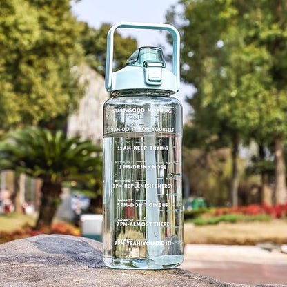 Large Capacity 2L Sports Water Bottle with Straw, Portable and Leakproof, Featuring Time Marker-Gn