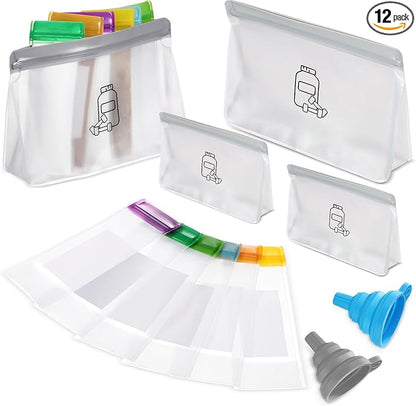 Protein Powder Travel Container set with Funnels 12 Pcs Reusable Powder Supplement Packets Single Dose Kit Portable Travel Containers Zip up Bags for Workout, Fitness, Business Trip