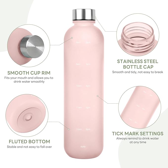 Water Bottle 32 oz, Frosted Style Sports Water Bottles BPA Free Water Bottle With Time Marker,Small mouth Leakproof Water Bottles with Strap for Gym Fitness Hiking Bike Camping (Pink-1)
