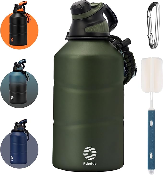 Fjbottle Insulated Half Gallon Water Bottle 64oz with Magnetic Lid,Stainless Steel Double-Wall Vacuum Leak Proof Sports Insulated Jug Keep Water Hot & Cold for Outdoor,Gym Armygreen