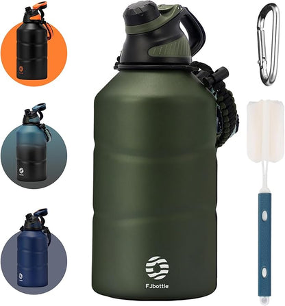 Fjbottle Insulated Half Gallon Water Bottle 64oz with Magnetic Lid,Stainless Steel Double-Wall Vacuum Leak Proof Sports Insulated Jug Keep Water Hot & Cold for Outdoor,Gym Armygreen