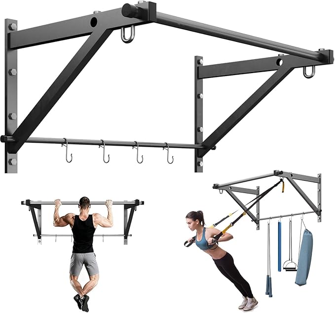 Wall Mounted Pull Up Bar, Strength Training Chin Up Bar with Hooks, Adjustable Depth Pull-up Bar with 500LBS Weight Capacity, Heavy Duty Gym Home Training