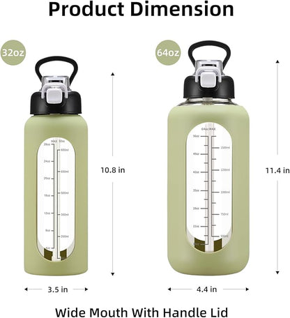 64 oz Glass Water Bolttles with Straw Half Gallon Large Motivational Water Bottle with Time Marker Sports Water Bottles with Silicone Sleeve and Handle Lid Water Jug for Gym Workout
