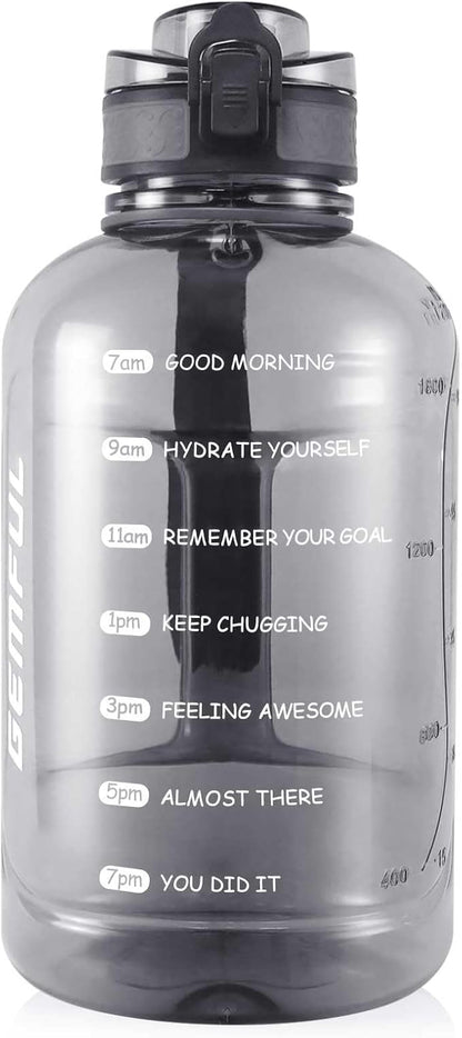 GEMFUL 2 Liter Water Bottle with Time Marker & Handle 64oz Large Motivational Jug for Gym Workouts No Straw Leak Proof BPA Free (Grey)