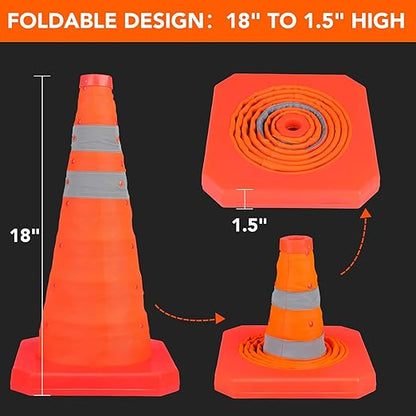TENKAIWICK 18 Inch 10 Pack Traffic Cones, Collapsible Safety Cones, Multi Purpose Pop-up Cones with Reflective Collar, Orange Cones for Parking lot, Driveway, Driving Training etc