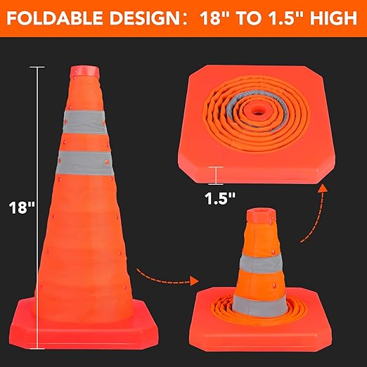 TENKAIWICK 18 Inch 6 Pack Traffic Cones,Collapsible Safety Cones,Multi Purpose Pop-up Cones with Reflective Collar,Orange Cones for Parking lot, Driveway, Driving Training etc