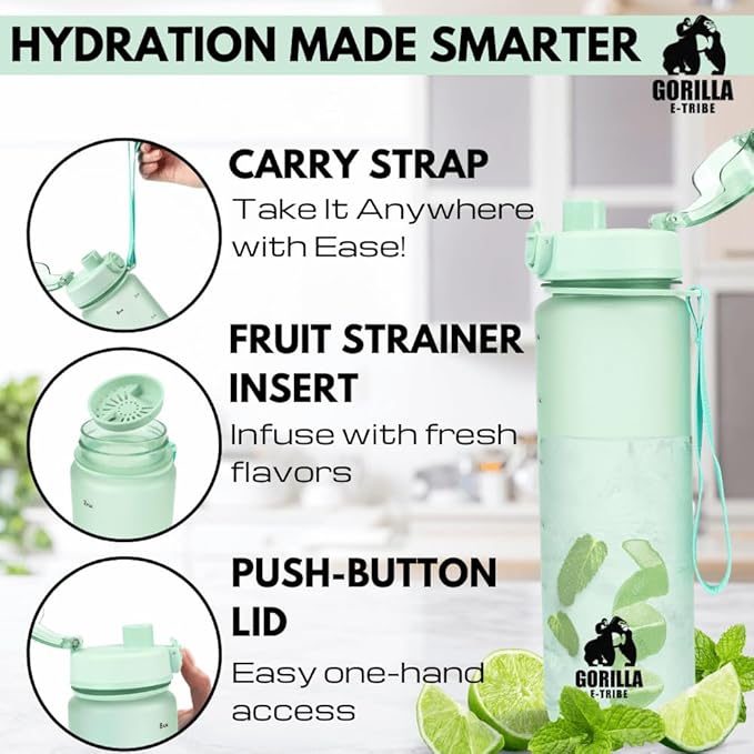 Green Water Bottle Time Marker (32oz) - Daily Intake Tracking - BPA Free & Leak Proof Protein Shake Bottle - Ideal for Gym, Office, School & Hiking