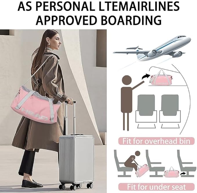 HEAD 45L Pink Waterproof Gym Duffel Bag for Women, Large Capacity Weekender Overnight Bag with Detachable Strap, Lightweight Travel Tote for Fitness, Yoga & Business Trips