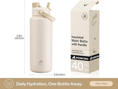 POWCAN 40 oz Insulated Water Bottle with 2-in-1 Straw and Spout Lid, Keep Cold 24H, Leak-Proof, BPA-Free, Double Wall Stainless Steel Water Bottle for Sports, Gym, Travel, and School (Mousse)