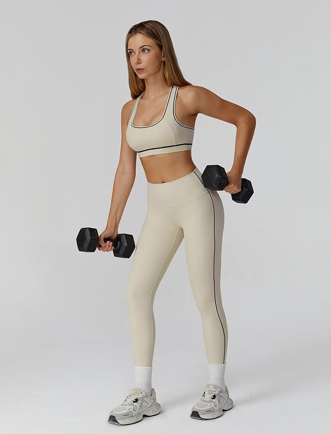 Womens workout sets Contrast Long Sleeve Jacket with Sports Bra and Butt-lifting Pants Yoga Outfits 3 Pieces Set