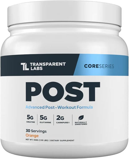Transparent Labs Post - Post-Workout Recovery Muscle Builder w/L-Glutamine, Creatine Monohydrate, & Carnipure L-Carnitine L-Tartrate for Muscle Recovery & Building - 30 Servings, Orange