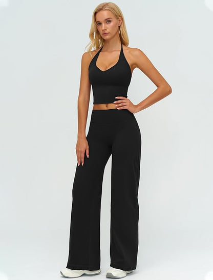 Womens Workout Sets Two Piece Spaghetti Straps Crop Top Matching Straight Leg Pants Gym Work Pilates Outfits
