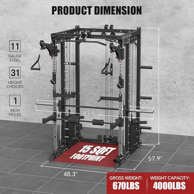FAGUS Commercial Smithe Machine with Dual Weight Stacks, Power Cage Squat Rack with Lever Arm & Leg Press Attachment, Multi-Function Linear Bearing Cable Crossover Machine for Home Gym