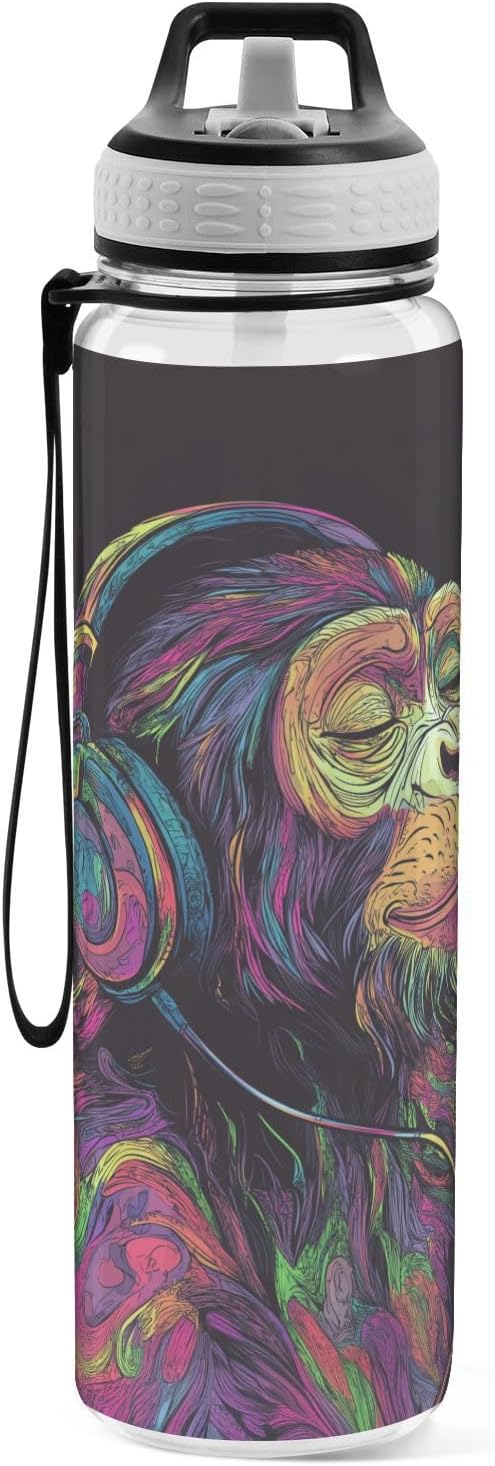 Fustylead Neon Monkey with Headphones Listening To Music 32oz Water Bottle with Straw, Leakproof Clear Sport Water Bottles for Gym Camping Hiking Travel