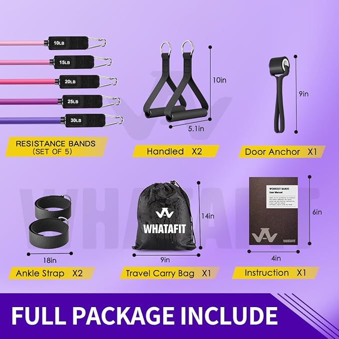 WHATAFIT Resistance Bands Set with Handles - Exercise Bands Home Gym Strength Training Equipment, Includes Door Anchor & Ankle Straps for Full Body Workout Bands, Physical Therapy