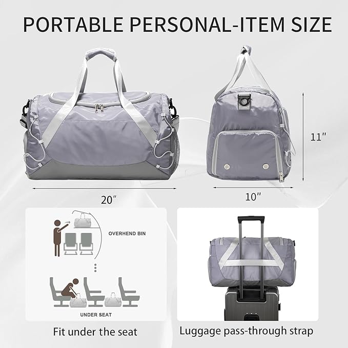 Gym Bag for Women Men Duffle Bag for Travel with Shoes Compartment and Wet Pocket Small Carry on Weekender Bags for Sports Overnight Fitness Yoga Dance Workout Swimming Hospital Tote (Grey)