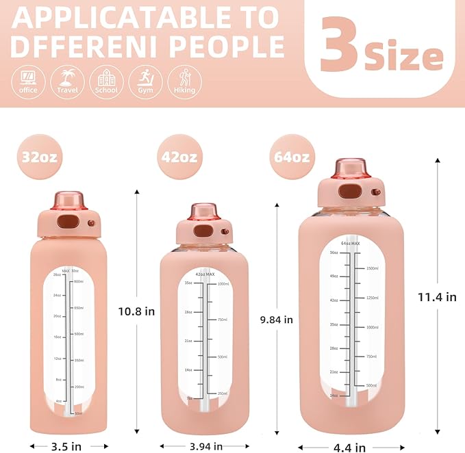SIEROZUR 64 oz Glass Water Bottle with Straw and Handle Half Gallon Large Water Bottle with Silicone Sleeve and Time Marker Sports Water Jug Wide Mouth for Travel Gym