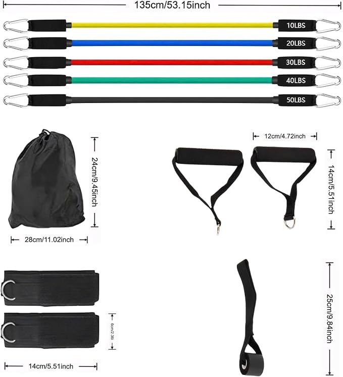 Resistance Bands Workouts Set for Women and Men with Handles - Heavy Duty 150lbs, 11 Piece Elastic Tube Kit for Gym & Home, Strength Training, Yoga, Pilates Therapy for Legs, Chest Power Systems