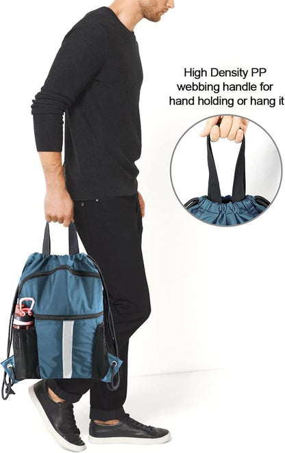 BeeGreen Drawstring Backpack Bag with Shoe Compartment, X-Large Black Gym Sports String Cinch Backpack