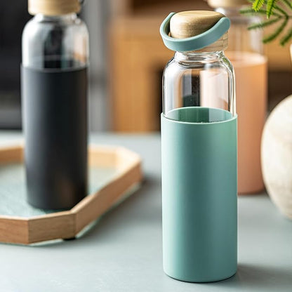 21oz Borosilicate Glass Water Bottle with Non-Slip Sleeve & Leak-Proof Lid-Reusable Drink Bottle for Office,Travel,Gym,Hiking-Ideal Gift for Home,Car & Fitness Enthusiasts (2pcs Green)