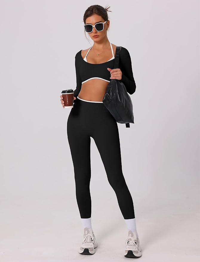 ABOCIW Workout Sets for Women Long Sleeve Crop Top Scrunch Butt Lifting High Waist Leggings 2 Piece Gym Yoga Outfits